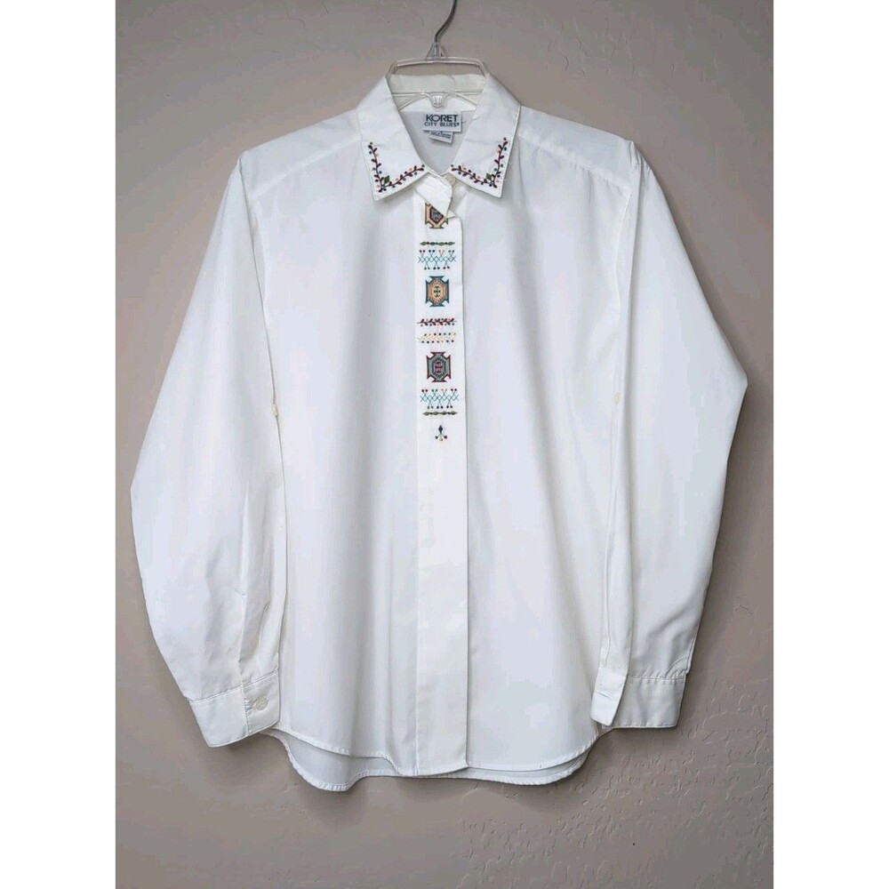 Koret City Blues Petite Shirt Woman Striped Blue White Floral Embroidered Sz S